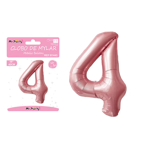 Globo metálico de número 4 rosado perlado 40cm