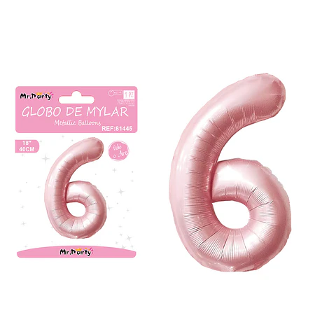 Globo metálico de número 6 rosado perlado 40cm