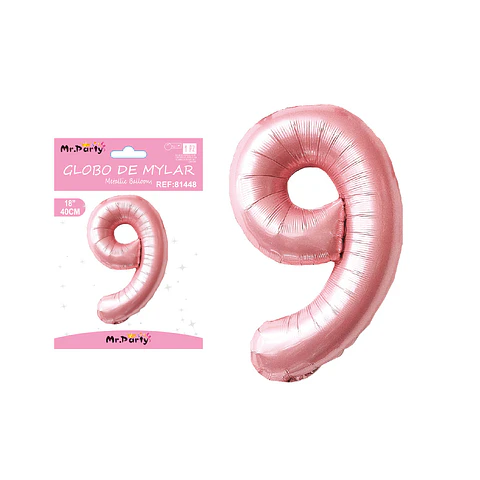 Globo metálico de número 9 rosado perlado 40cm