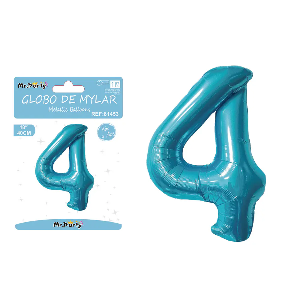Globo metálico de número 4 azul perlado 40cm