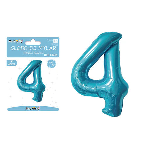 Globo metálico de número 4 azul perlado 40cm