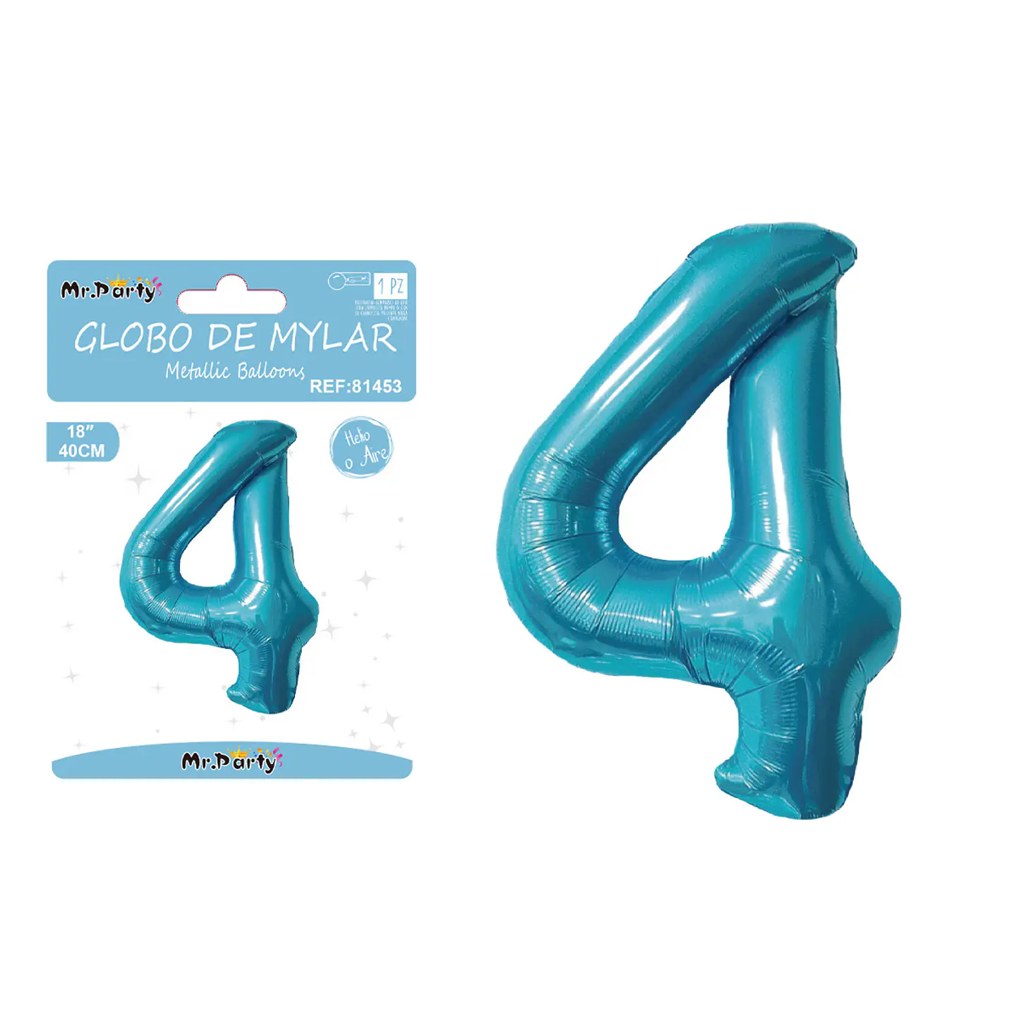 Globo metálico de número 4 azul perlado 40cm 1
