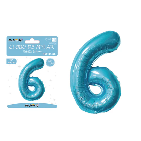 Globo metálico de número 6 azul perlado 40cm