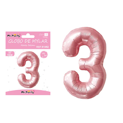 Globo metálico de número 3 rosado perlado 70cm