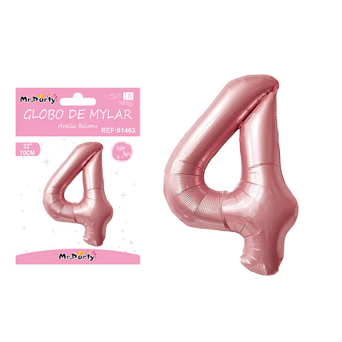 Globo metálico de número 4 rosado perlado 70cm