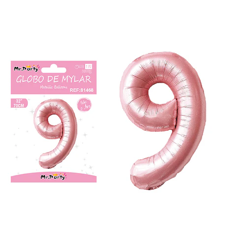 Globo metálico de número 9 rosado perlado 70cm