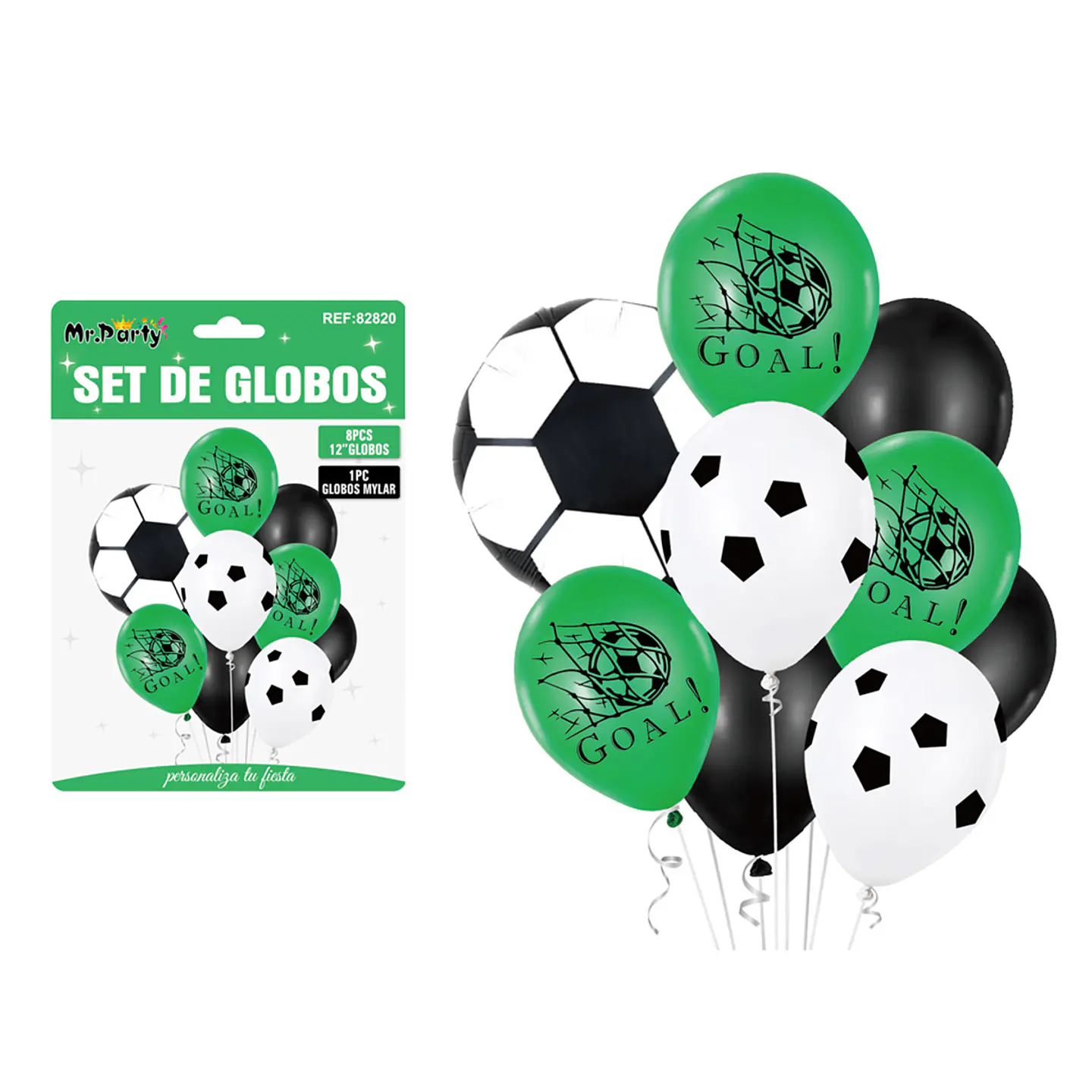 Set globos de látex verde con fútbol 9pcs 1
