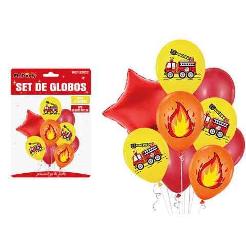 Set globos de látex verde con coches de bomberos 9pcs