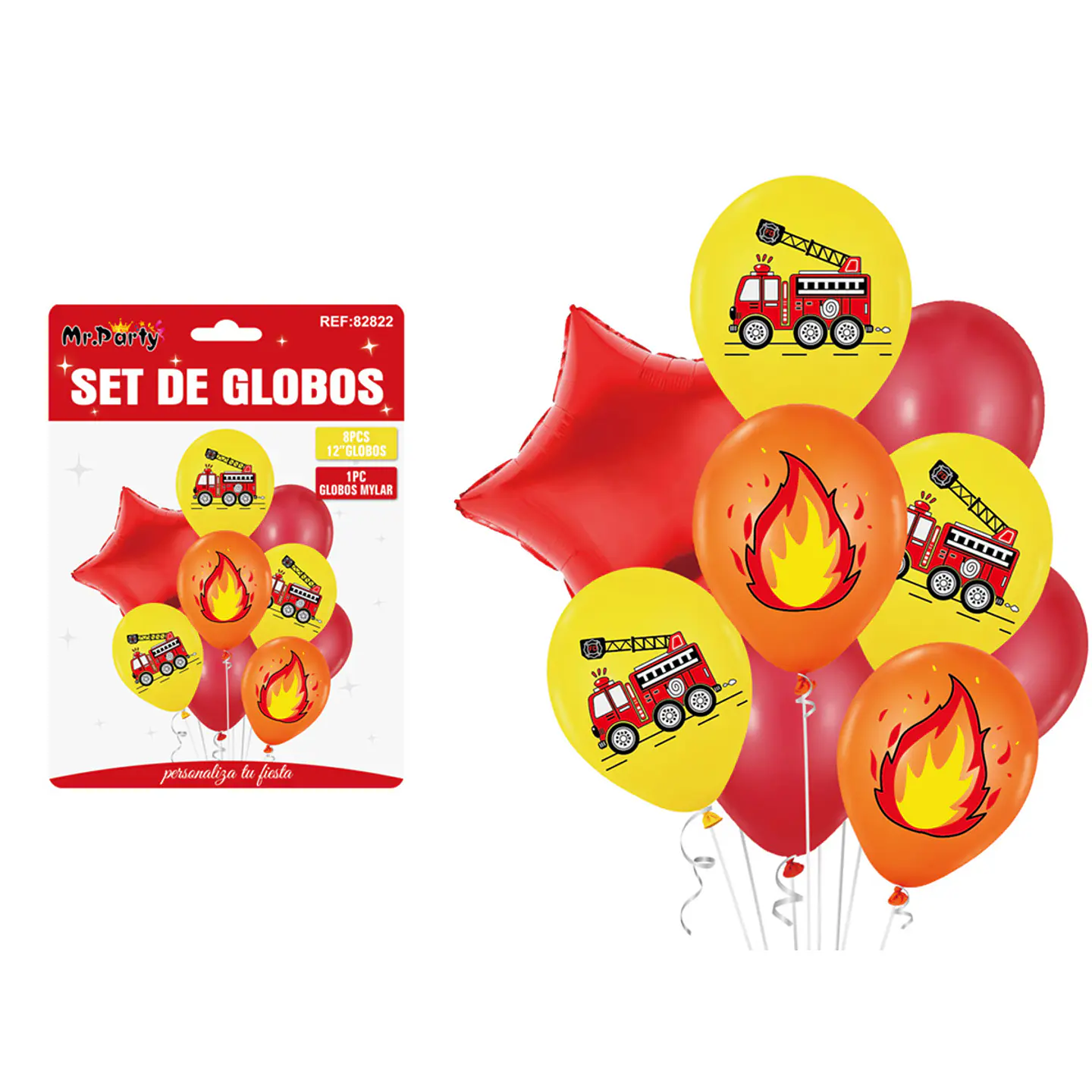 Set globos de látex verde con coches de bomberos 9pcs 1