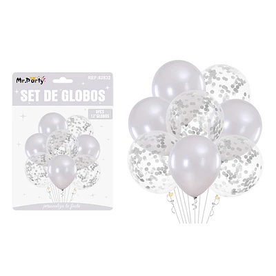 Set de globos plateado con confetti 8pcs