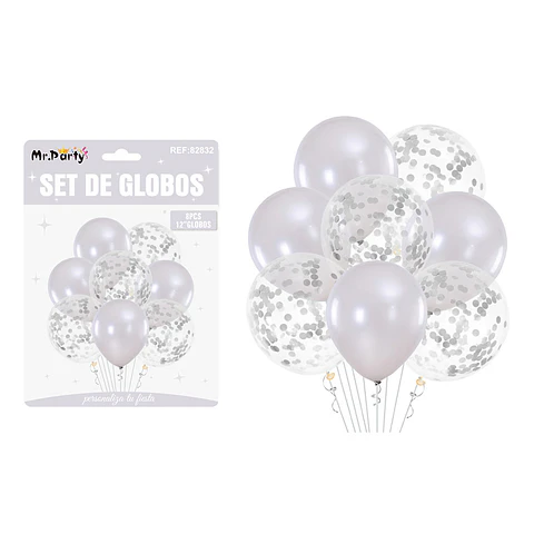 Set de globos plateado con confetti 8pcs