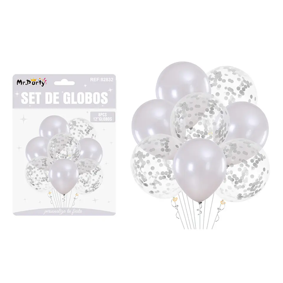 Set de globos plateado con confetti 8pcs 1
