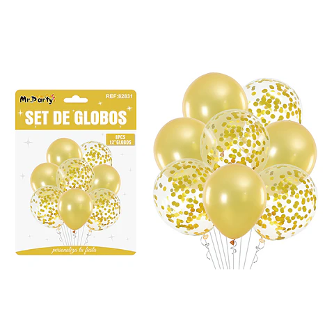 Set de globos dorado con confetti 8pcs