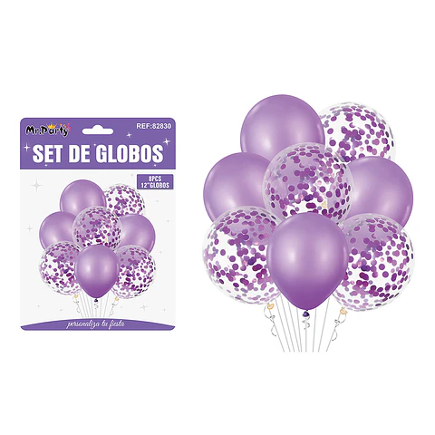 Set de globos morado con confetti 8pcs