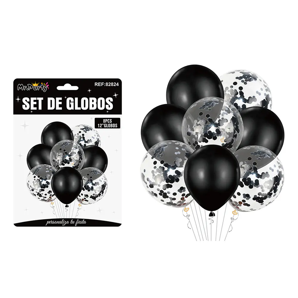 Set de globos negro con confetti 8pcs