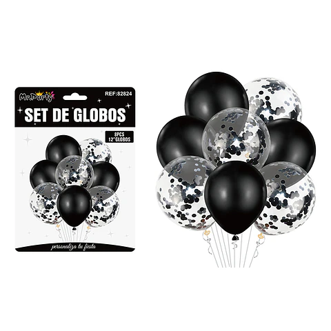 Set de globos negro con confetti 8pcs