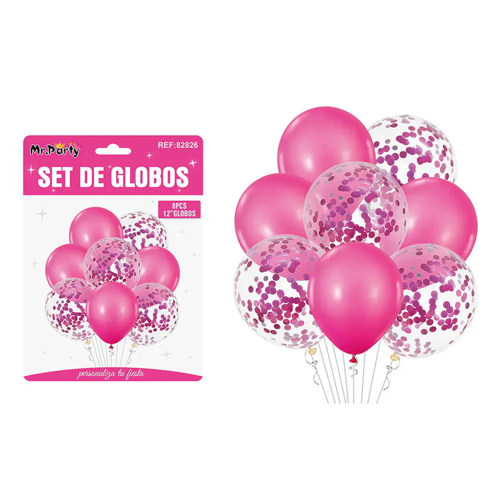 Set de globos fucsia con confetti 8pcs