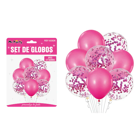 Set de globos fucsia con confetti 8pcs