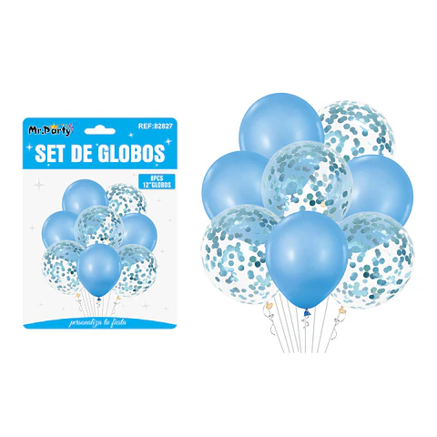 Set de globos celeste con confetti 8pcs