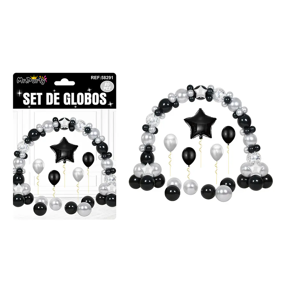 Set con arco de globos negro y plateado 80pcs