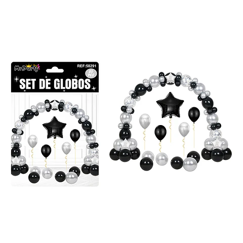 Set con arco de globos negro y plateado 80pcs