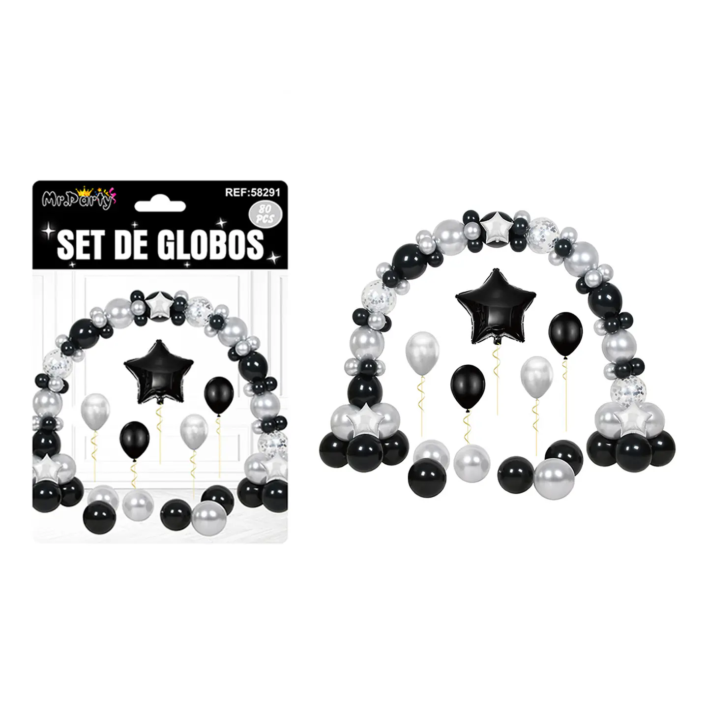 Set con arco de globos negro y plateado 80pcs 1