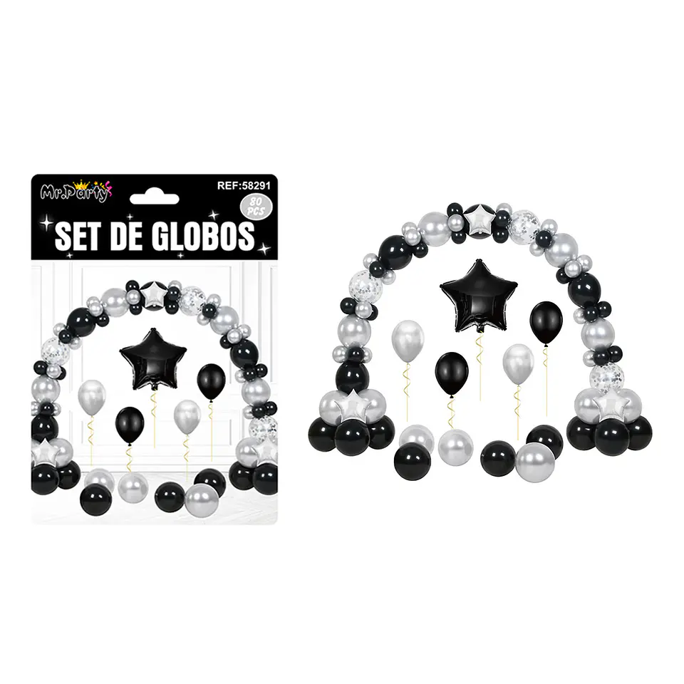 Set con arco de globos negro y plateado 80pcs 1