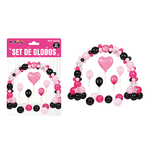 Set con arco de globos negro y rosado 80pcs