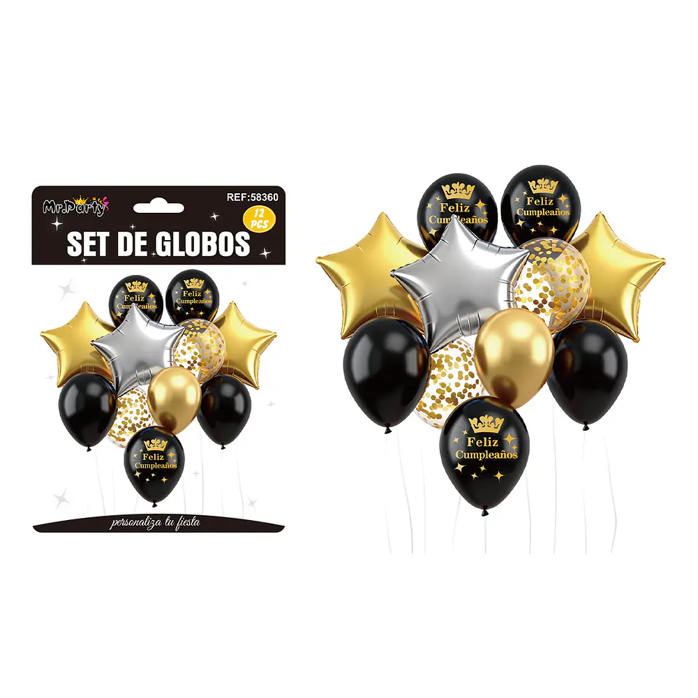 Set de globos con estrellas dorado y negro 12pcs