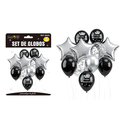 Set de globos con estrellas plateado y negro 12pcs