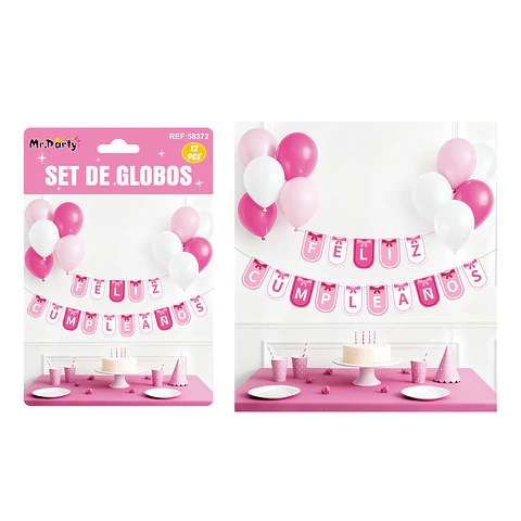Set de globos látex y guirnalda rosado 12pcs