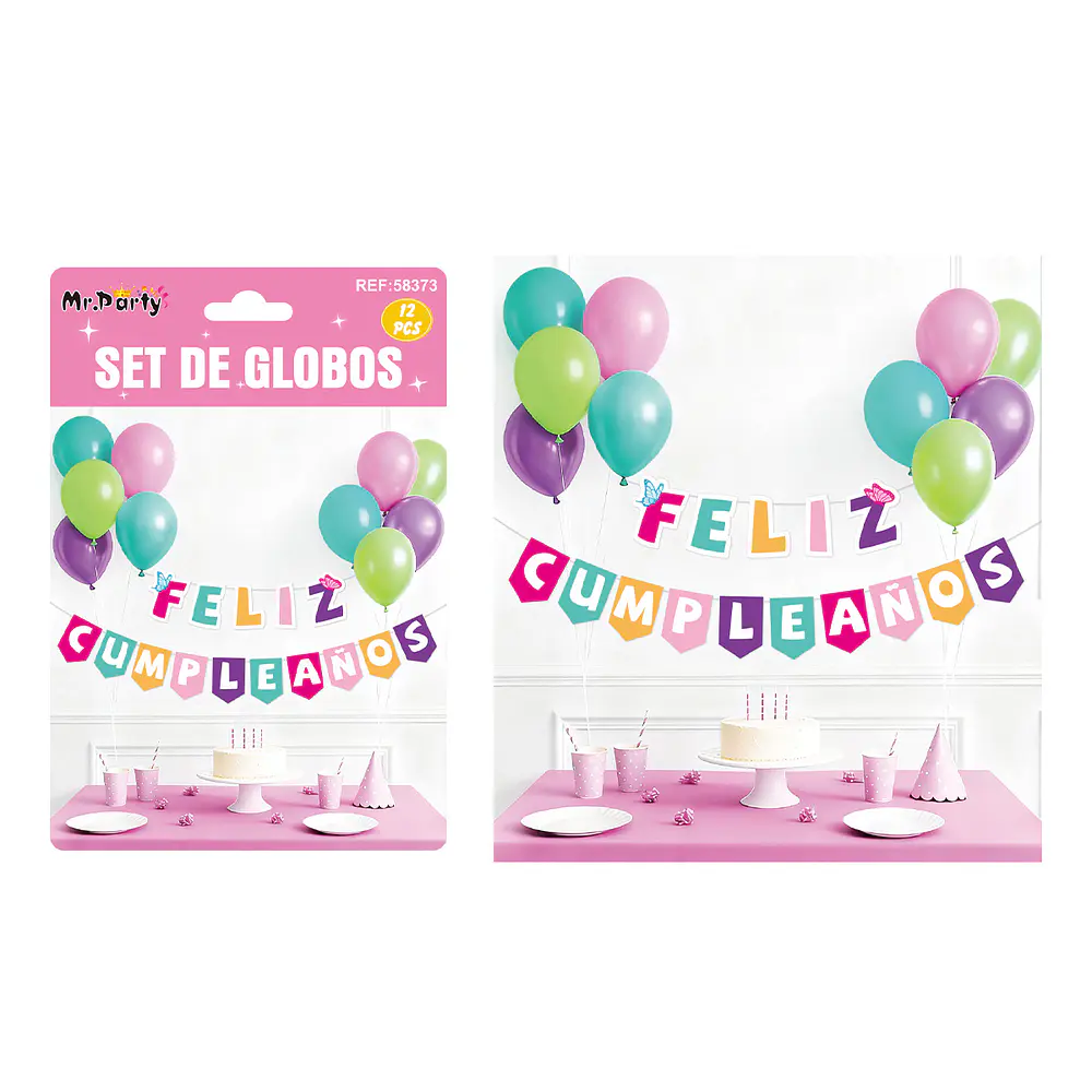 Set de globos látex y guirnalda multicolor 12pcs