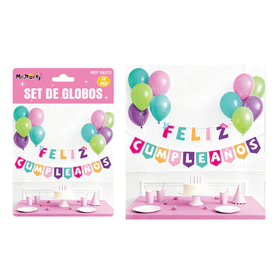 Set de globos látex y guirnalda multicolor 12pcs