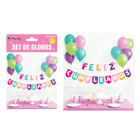 Set de globos látex y guirnalda multicolor 12pcs