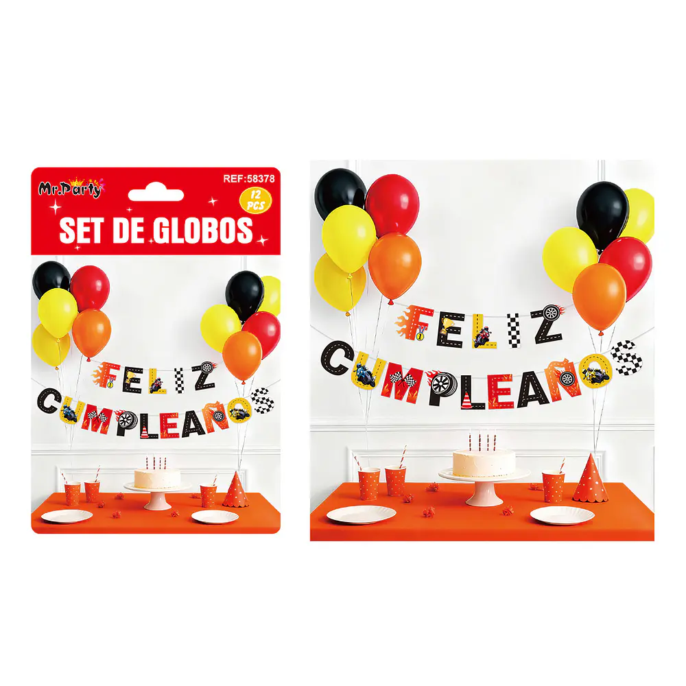 Set de globos látex y guirnalda de carrera 12pcs