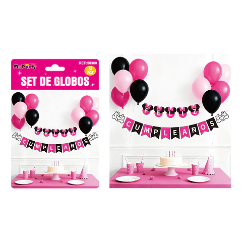 Set de globos látex y guirnalda de Minnie 12pcs