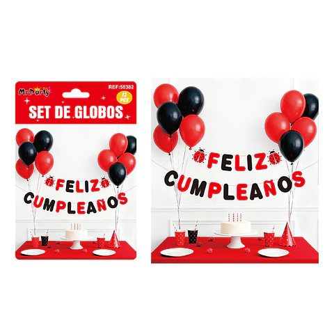 Set de globos látex y guirnalda de mariquita 12pcs