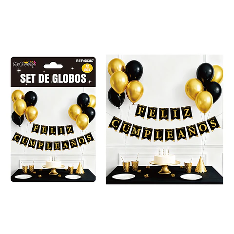 Set de globos látex y guirnalda dorado y negro 12pcs