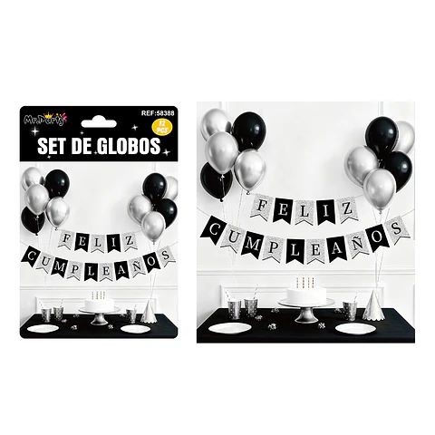 Set de globos látex y guirnalda plateado y negro 12pcs