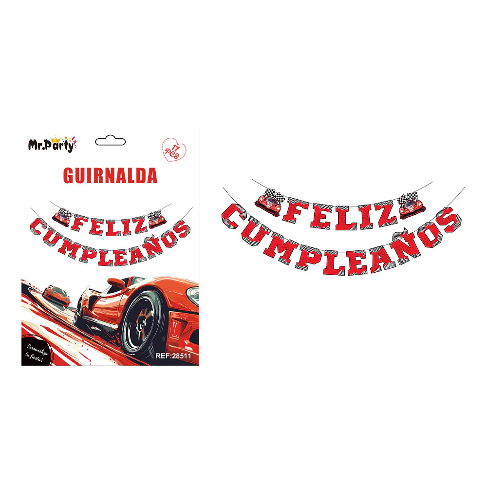 Guirnalda feliz cumpleaños auto deportivo rojo 5M 17pcs