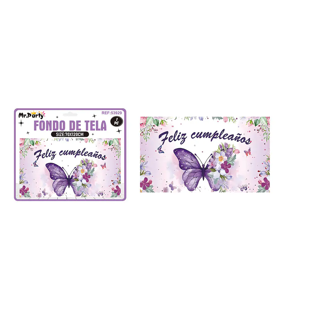 Fondo de tela feliz cumpleaños mariposa 120*70cm