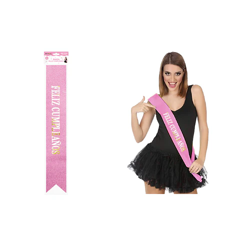 Banda glitreada rosada con estampado doradas Feliz Cumpleaños 9.5*160cm