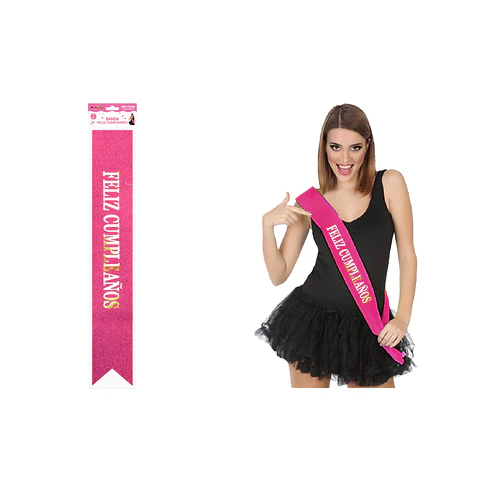 Banda glitreada fucsia con estampado doradas Feliz Cumpleaños 9.5*160cm
