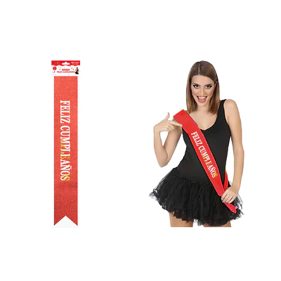 Banda glitreada roja con estampado doradas Feliz Cumpleaños 9.5*160cm