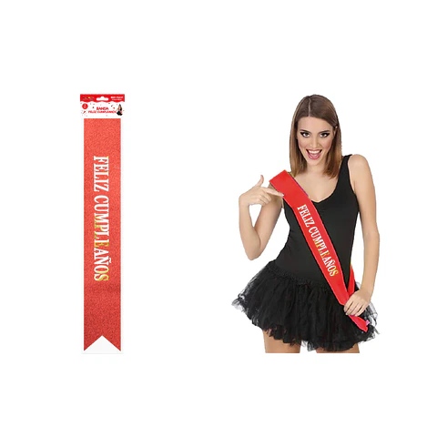 Banda glitreada roja con estampado doradas Feliz Cumpleaños 9.5*160cm