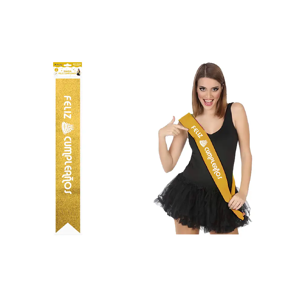 Banda glitreada dorada con estampado dorado Feliz Cumpleaños 9.5*160cm 1
