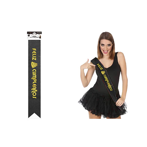 Banda glitreada negra con estampado dorado Feliz Cumpleaños 9.5*160cm