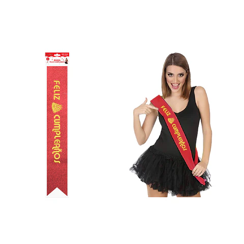 Banda glitreada roja con estampado dorado Feliz Cumpleaños 9.5*160cm