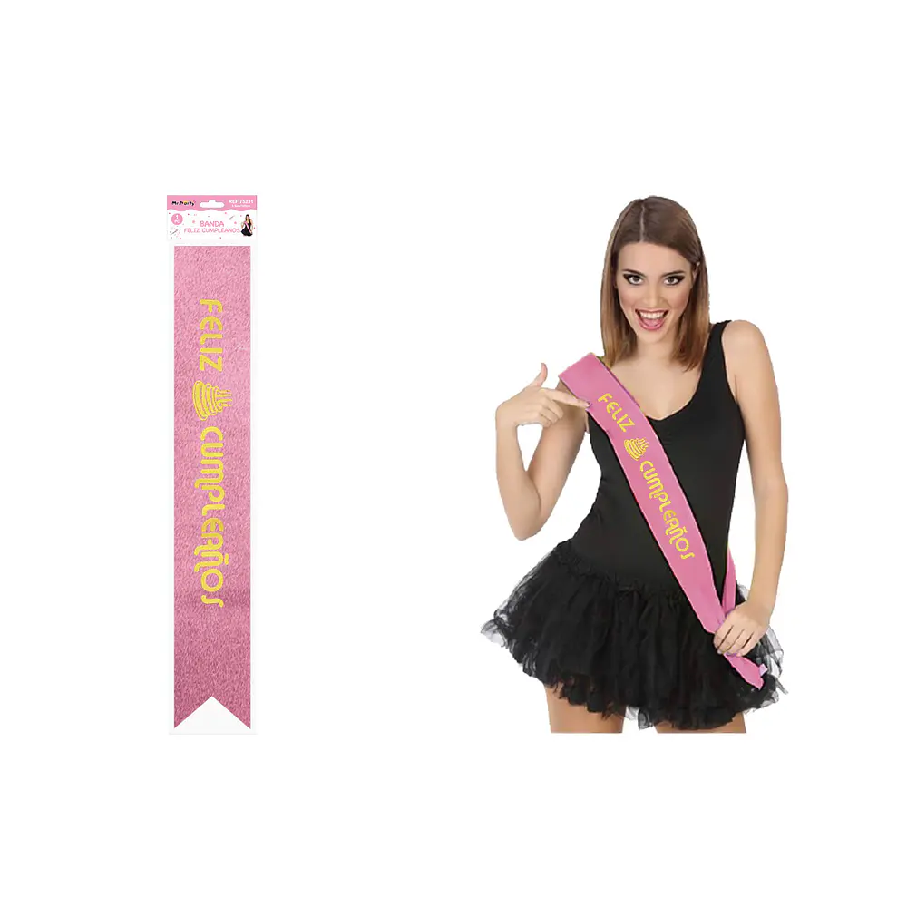 Banda glitreada rosada con estampado dorado Feliz Cumpleaños 9.5*160cm
