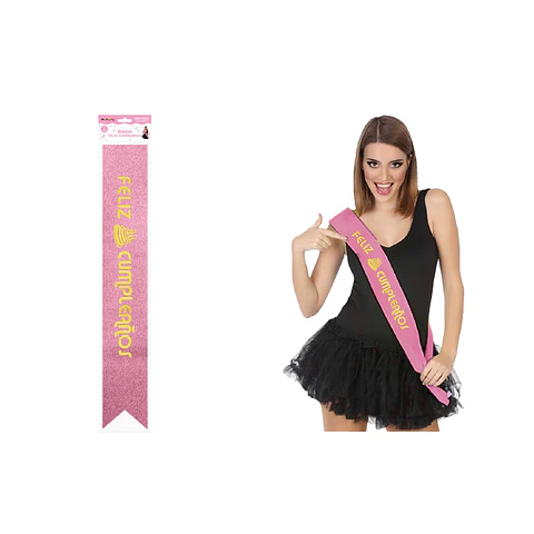 Banda glitreada rosada con estampado dorado Feliz Cumpleaños 9.5*160cm